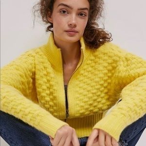 Anthropologie Maeve Textured Knit Sweater Buttercup Medium Full Zip